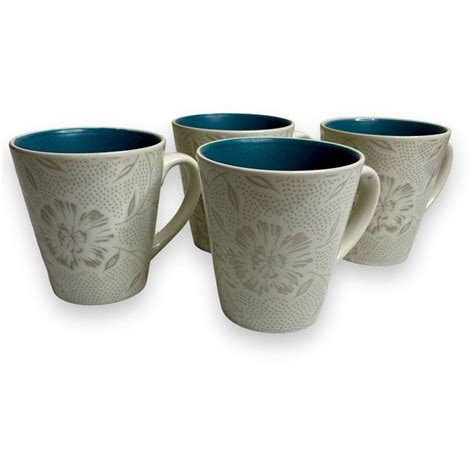 Noritake Stoneware Colorwave Turquoise Bloom Pattern Set Coffee Mugs