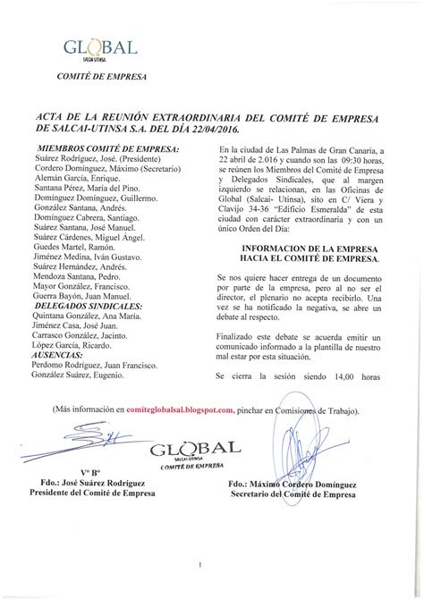 Comité de Empresa Global Salcai Utinsa Actas Comité Extraordinario