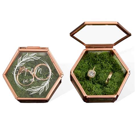 Hexagon Glass Ring Box With Moss Names Initials Ring Holder