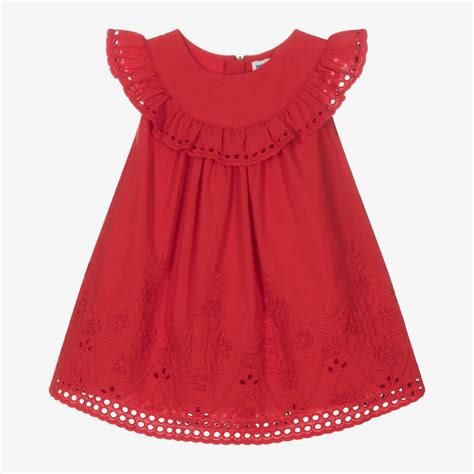 Mayoral Girls Red Embroidered Cotton Dress Childrensalon