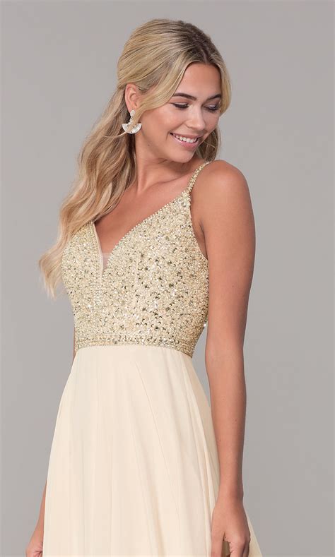 V Neck Sleeveless Beaded Bodice Long Prom Dress Promgirl