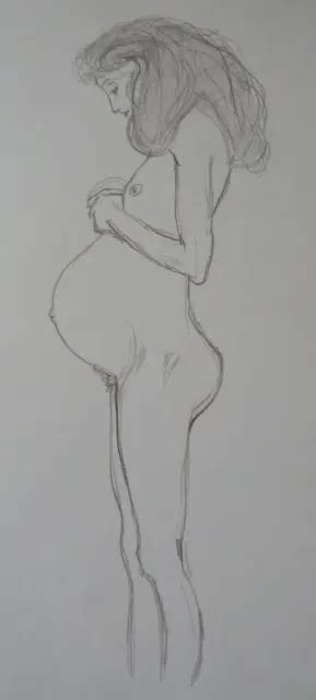 Pencil Drawing After Gustav Klimt Pregnant Female Nude In Profile