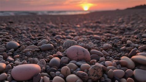 Grey Pebbles On Beach At Sunset With Pink Glow Grom Sunset On Some Of The Pebbles Stock