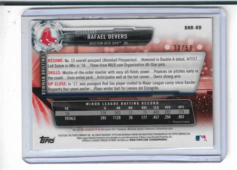 Rafael Devers Bowman Chrome National Gold Prism Refractor Bnr Rd