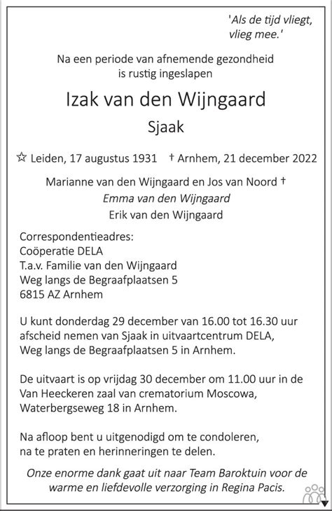 Izak Van Den Wijngaard 21 12 2022 Overlijdensbericht En Condoleances