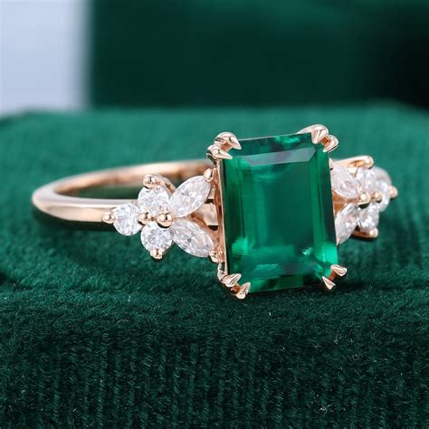 14K Rose Gold Emerald Cut Emerald Engagement Ring For Women ...