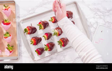 Flat Lay Step By Step Garnishing Chocolate Dipped Strawberries With