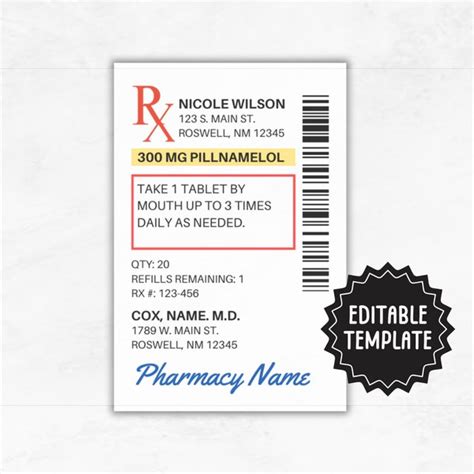 Prescription Label Template Party Favors Etsy