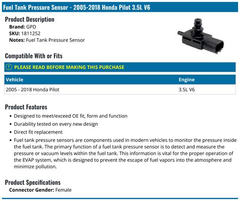 2005 2018 Honda Pilot Fuel Tank Pressure Sensor Gpd 1811252