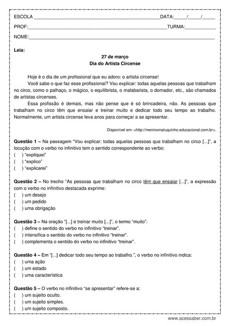 Atividade De Português Verbos No Infinitivo 7º Ano Acessaber