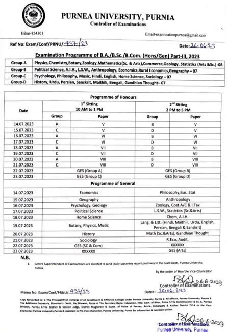 Purnea University Part 3 Exam Date 2023 Out 14 जलई स शर BA BSc