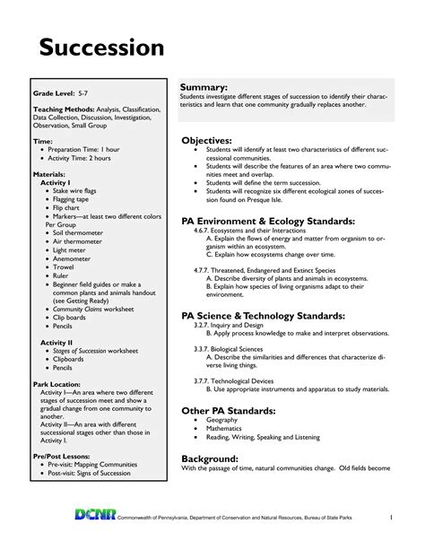 Succession Environmental Science Worksheet