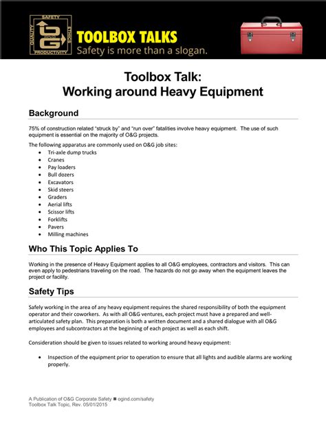 Toolbox Talk Working Around Heavy Equipment