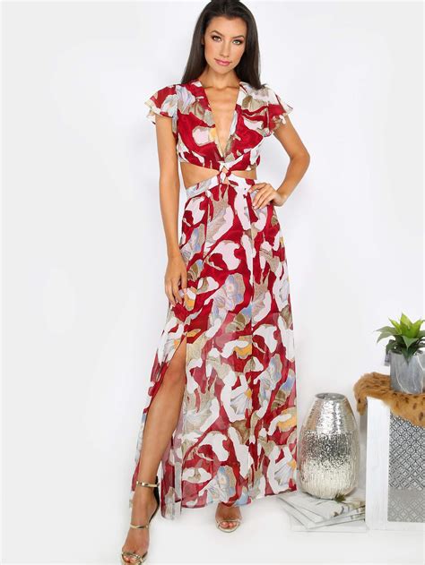 Cut Out Floral Maxi Dress Red Shein Sheinside