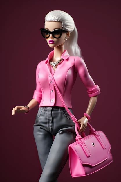 Premium Photo Barbie With Sunglasses And Jeans Wearing A Pink Purse In The Style Of