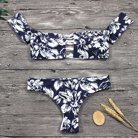 2018 Strapless Bikini Bandeau Sexy Print Floral Bikinis Set Women Swimwear Off Shoulder Swimsuit