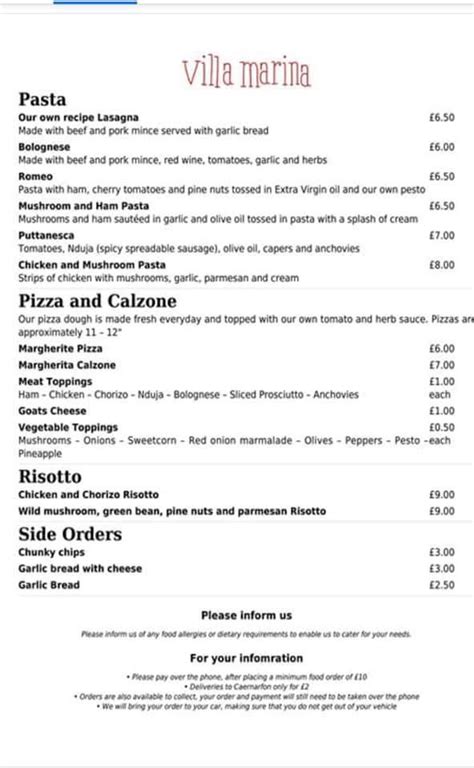 Menu At Villa Marina Restaurant Caernarfon