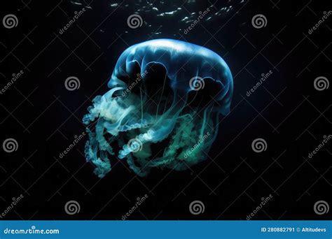 Deep Sea Creature Surrounded By Clouds Of Bioluminescent Light Stock