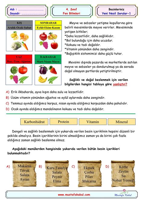 S N F Fen Bilgisi Besinlerimiz Nite Zeti Konu Anlat M Testler