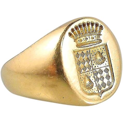 Antique Armorial Signet Womens Ring In 18k Solid Gold Stamped Count