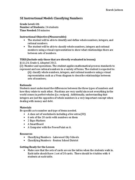 math lesson plan - 5e instructional model | Integer | Numbers