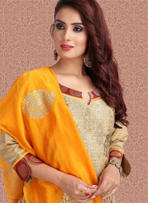 Buy Tussar Silk Churidar Salwar Kameez In Beige