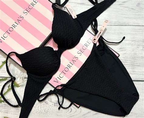 Victoria S Secret Swim Icon Push Up Bikini Top Cheeky Side Tie Bottom Black EBay
