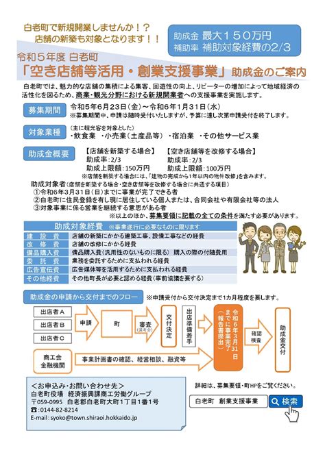 募集期間は終了しました）令和5年度 空き店舗等活用・創業支援事業補助金の募集について 北海道白老町