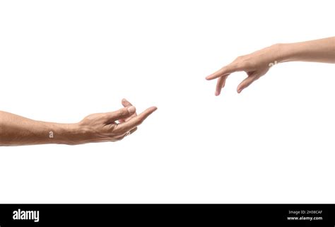 Woman And Man Reaching Out To Each Other On White Background Stock