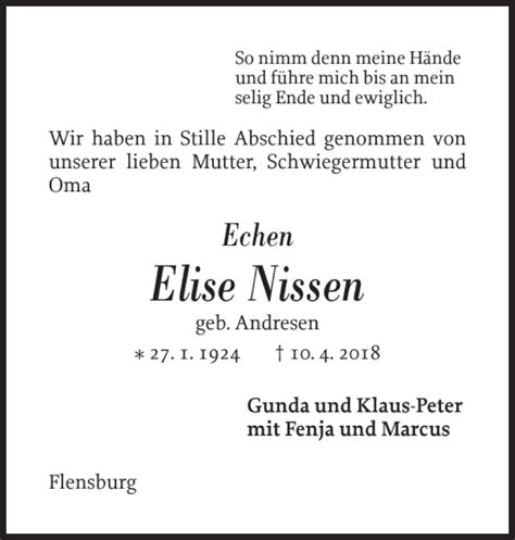 Traueranzeigen Von Elise Nissen Sh Z Trauer