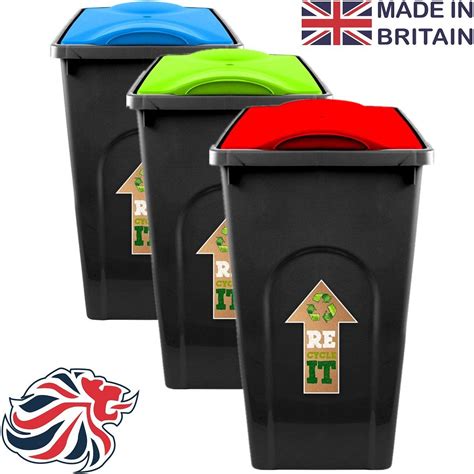 Set Of X Litre L Plastic Recycle Recycling Bin With Flap Lid