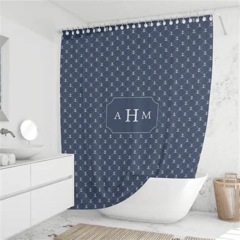 Navy And White Anchor Pattern Monogram Shower Curtain Zazzle