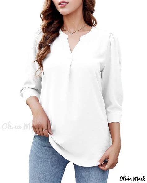 Oliviamark Premium Solid Color V Neck Chiffon Blouse With 3 4 Sleeves