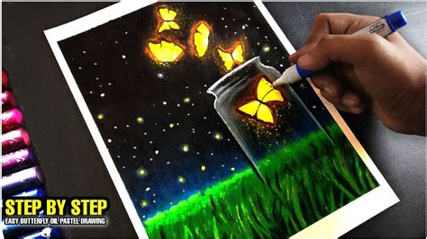 Easy Butterfly Night Scenery Drawing Magical Glowing Butterfly Scenery Drawing With Oil