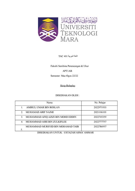 Skrip Roleplay Tac Tac Fakulti Senibina
