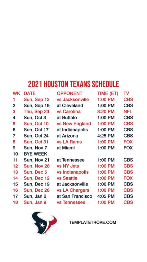 2022 Houston Texans Printable Schedule - Printable Schedule