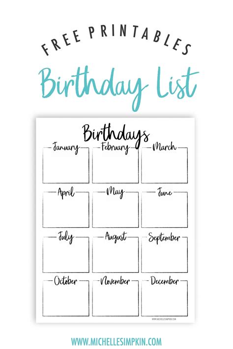 Birthday List Printable