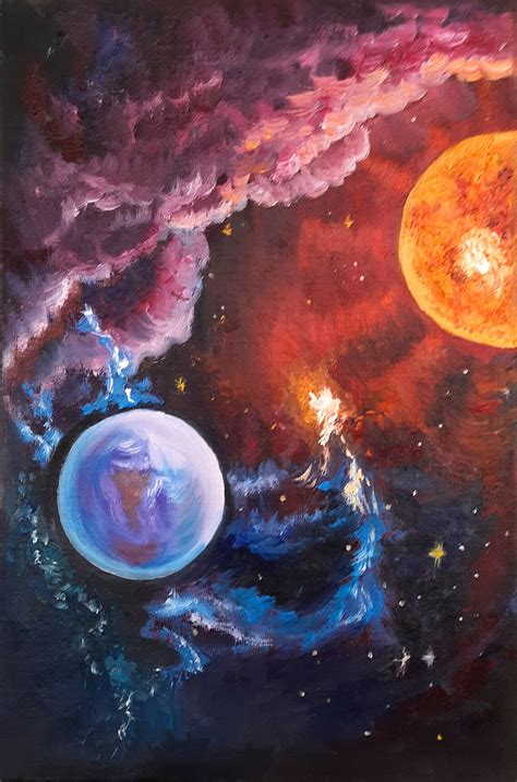 Galaxy painting Space oil painting Space Art Sun Earth Comet | Etsy