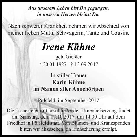 Traueranzeigen Von Irene K Hne Abschied Nehmen De