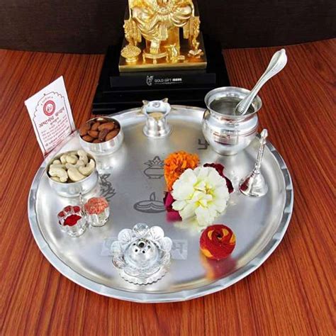 Goldgiftideas Inch Premium Shubh Labh Silver Plated Pooja Thali Set