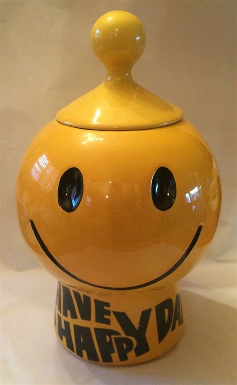 Vintage Have A Happy Day Yellow Smiley Face Cookie Jar Mccoy Pottery Hippy 1970s Collectible