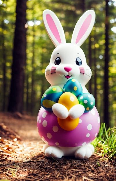 Premium Photo Easter Bunny With Easter Eggs In A Forest