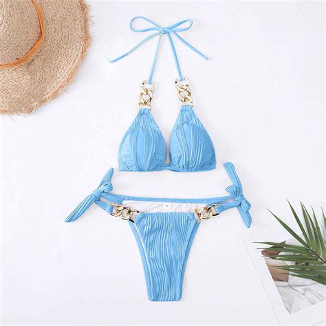 Pstuiky Bikini Women Solid Color Lace Up Tops Thong Swimsuit Sexy