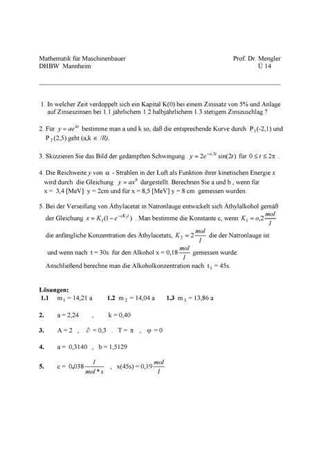 Ü 14 Ba Mit Lösung Mathematik Für Maschinenbauer Prof Dr Mengler