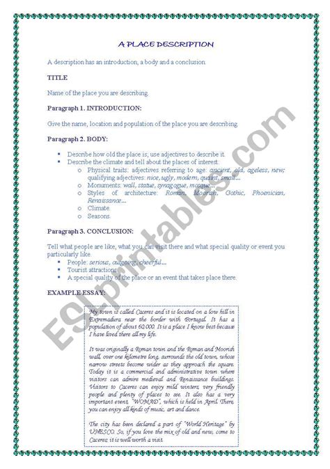 English Worksheets A Place Description Outline