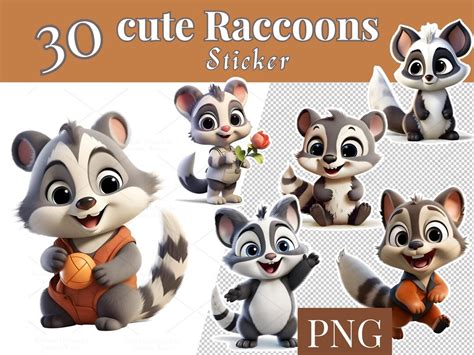 30 Digital Cute Raccoon Clip Art Set, Cute Raccoon Sticker, Sublimation ...