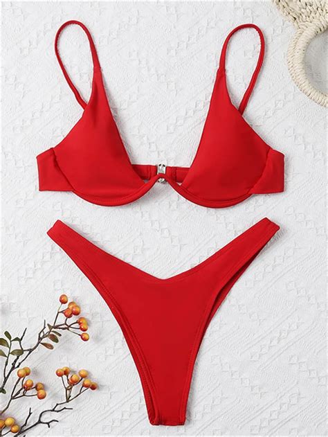 Sexy Underwire Bikini Mujer Women Solid Red Push Up Bra Thong