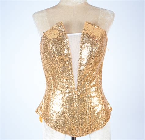 Gold Sequin Burlesque Corset With Side Zip Closure And Lace Up Back