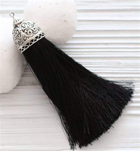 Extra Large Black Silk Tassel With Rustic Silver Tassel Cap Thick Black Tassel Silk Tassels