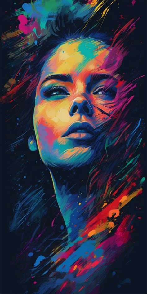 A Painting Of A Woman S Face With Colorful Paint Splatters On It